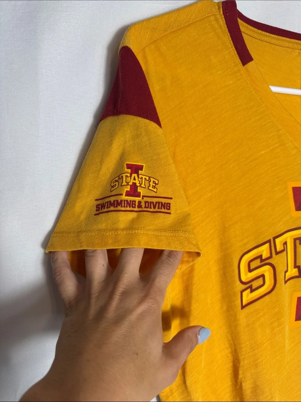 Nike Gold and Cardinal Big 12 Iowa State V-Neck Swimming and Diving T-Shirt S